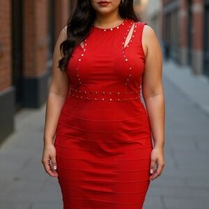 Studded Cut Out Bandage Knit Pencil Dress